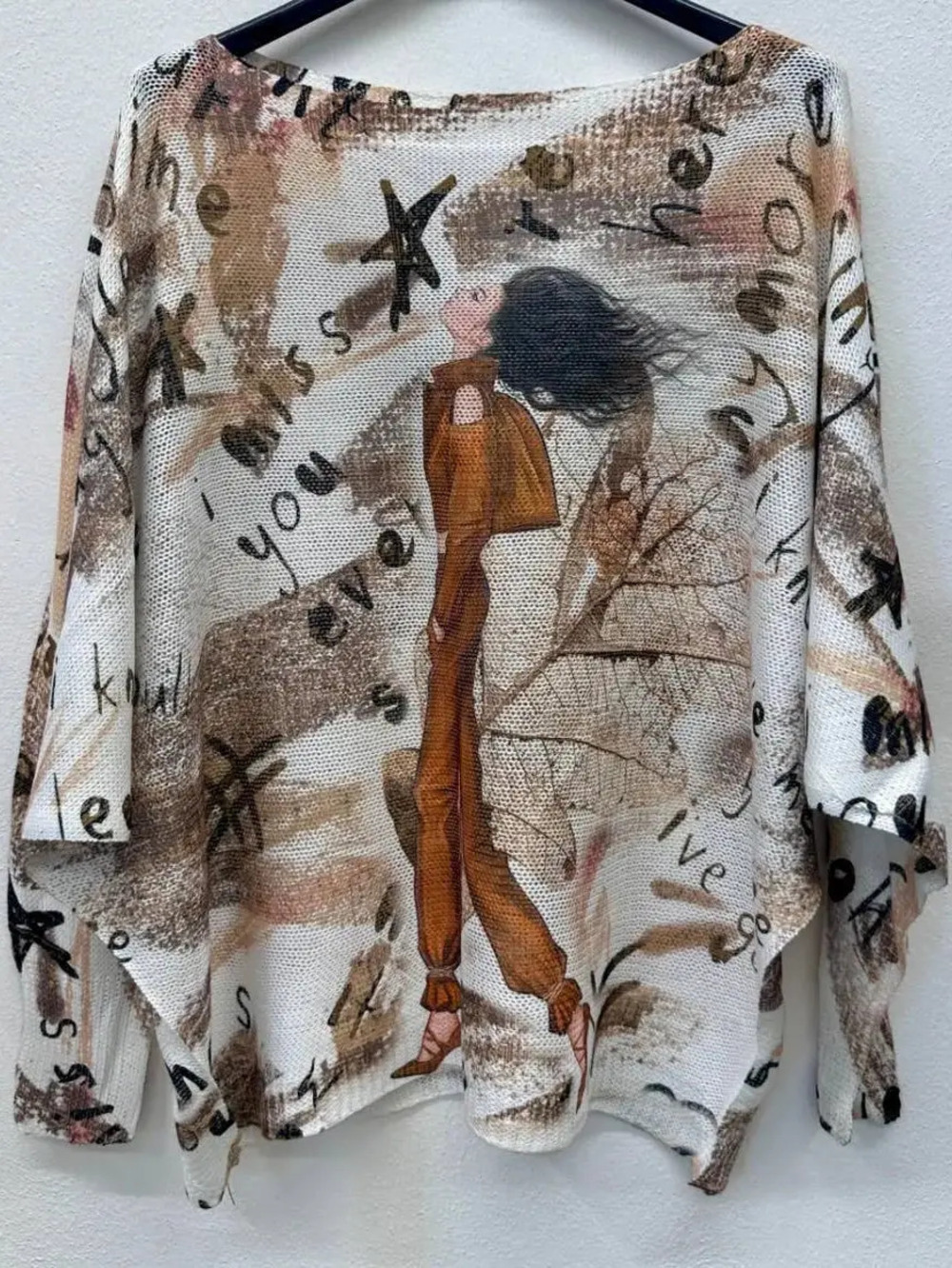 L192 | Loowie Fall Lady Brown Round Neck Print Knit Sweater | One Size S-L